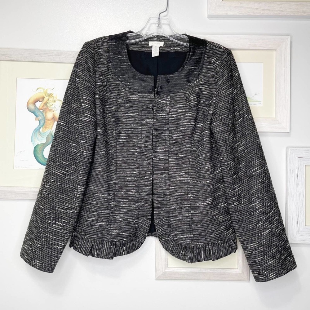 CHICO’S Black & White Ruffle Trimmed Open Blazer Size Small